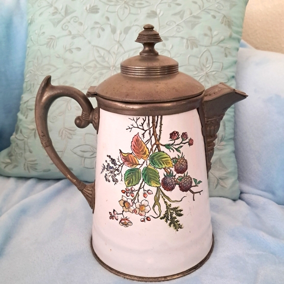 Antique Graniteware Enamel Pewter Coffee Pot Manning Bowman 9 3/4" - Picture 1 of 10